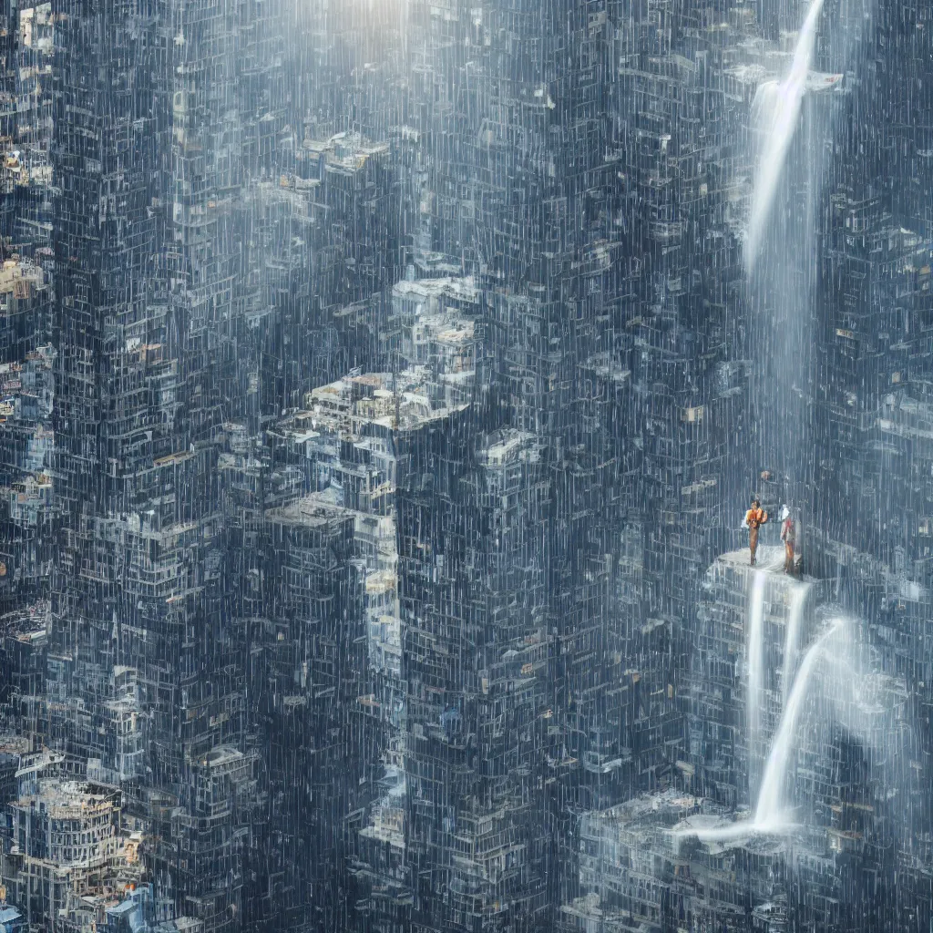 Prompt: city is no light, the waterfall cascaded down from the highest building, sunlight, a young man with an oxygen mask was standing on the roof of the building, 8 k, highly detailed, ultra detailed, by friendly robot