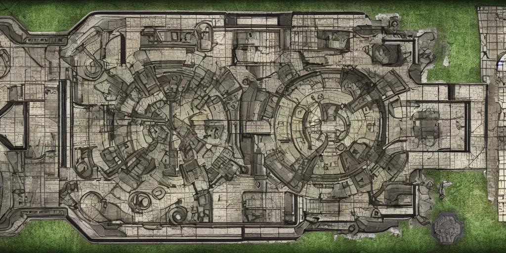 Image similar to small architectural floor plan gears of war map, symmetrical outpost, circular generator nuclear reactor, colourful