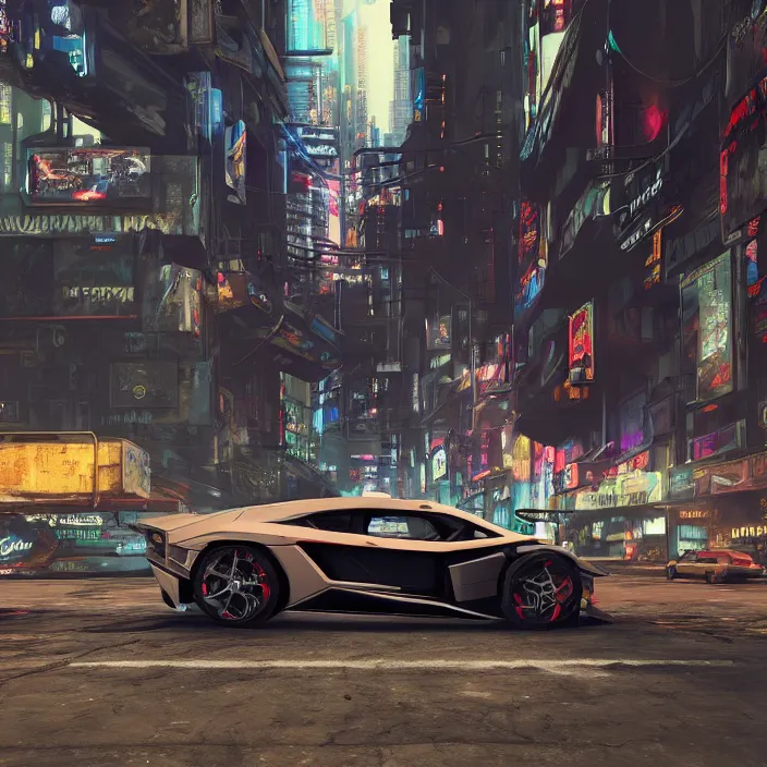 Prompt: cyberpunk car lamborgini counatch on the background of drak dirty style cyberpunk city. by nicholas hiatt. extreamly detailed, 8 k, octane render, hyperrealism, perfect composition, artstation, rendered in rtx, ssao, fxaa, unreal engine