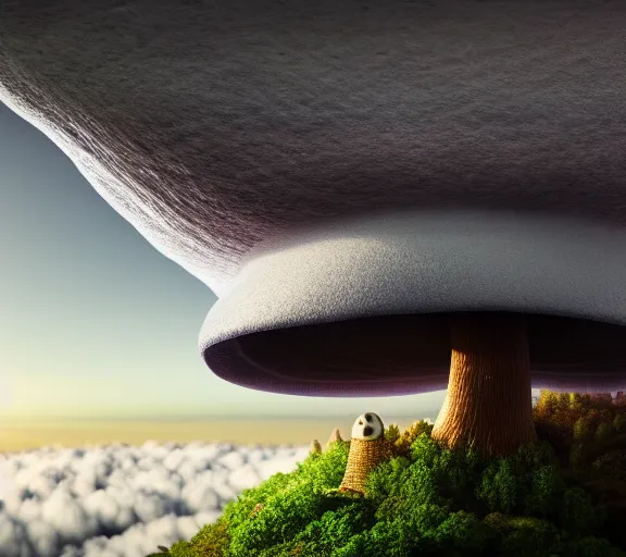 Image similar to a giant mushroom that stretches above the clouds with a city built into it underneath. highly detailed 8 k. intricate. lifelike. soft light. nikon d 8 5 0. cinematic post - processing