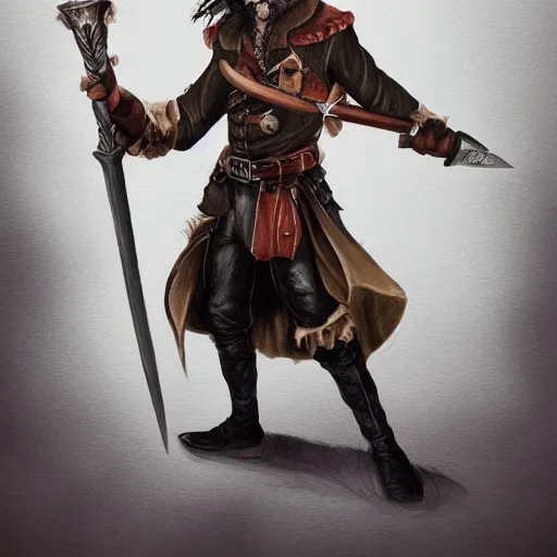 Image similar to Full body shot of pirate Captain wielding a sandstone rapier and sandstone dagger. Wearing a hat with an impressive feather and with a brutal scar across his neck. Dark magic, necromancy, dark lighting, flux. High fantasy, digital painting, HD, 4k, detailed