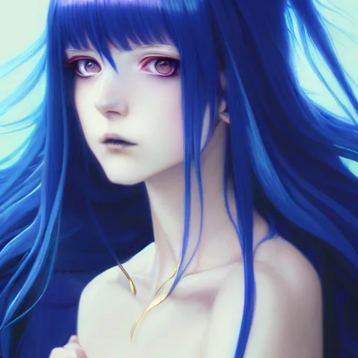 Image similar to attractive long blue - haired girl with bangs gothic anime character with gold eye color, fantasy, screenshot, anime, sharp focus, intricate, illustration, cell shaded, oil painting, highly detailed, concept art, matte, art by ilya kuvshinov and kyoto animation and wlop, and greg rutkowski, studio quality, james jean, artem demura