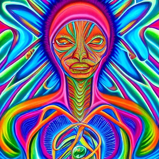 Prompt: painting of a human connecting with the universe in the style of Alex Grey. Colorful, detailed, sharp
