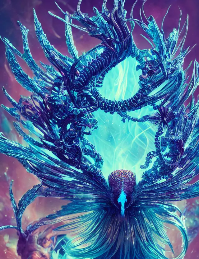 Image similar to witch phoenix macro close - up portrait with crown made of ram skull. phoenix, betta fish, jellyfish, plasma, ice, water, wind, creature, super intricate ornaments artwork by tooth wu and wlop and beeple and greg rutkowski