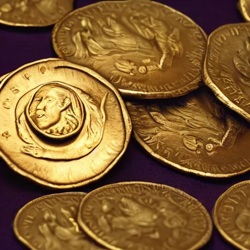 Image similar to a closeup photorealistic photograph of a happy George Washington inspecting small gold Doubloon coins at his home on Cherry Street. This 4K HD image is Trending on Artstation, featured on Behance, well-rendered, extra crisp, features intricate detail and the style of Unreal Engine.