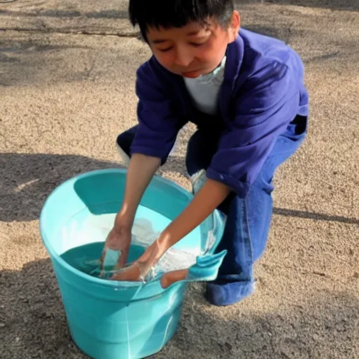 Image similar to asian jesus playing with cats with a water bucket and a whip