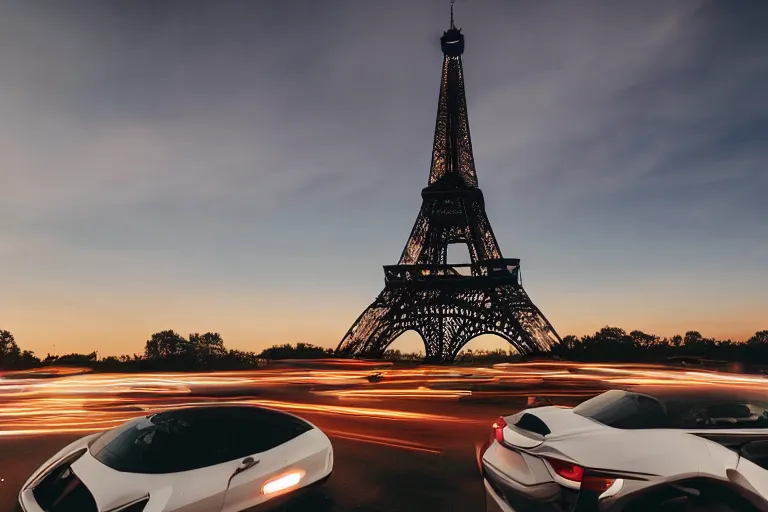 Image similar to a car that looks like the eiffel tower, cinematic photograph, car commercial photograph, amazing lighting, stunning,