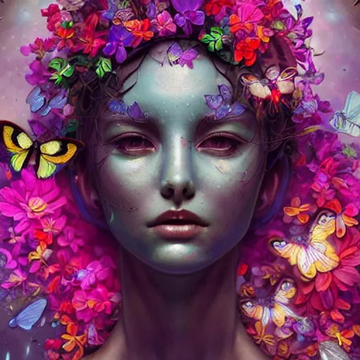 Prompt: a beautiful intricate fine art portrait photo of an alien robotic xenomorph surrounded by colorful flowers, leaves and butterflies by tom bagshaw and zach sutton, perfection!, golden ratio composition, studio lighting, 50mm lens, 3d render, cybernetic scifi, bokeh, artstation, 8K