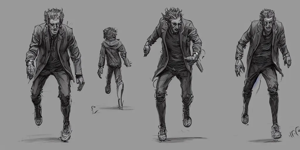 Image similar to cartoonish peter capaldi running, character sheet, fine details, concept design, contrast, kim jung gi, greg rutkowski, trending on artstation, 8 k, full body, turnaround, front view, back view, ultra wide angle