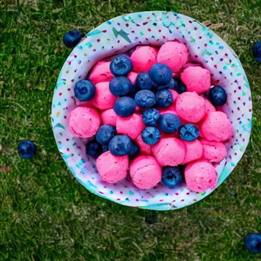 Prompt: an ocean of lollipops, ice cream and blueberries