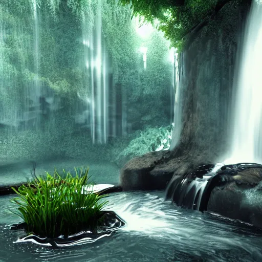 Image similar to a bathtub under waterfall in forest, digital painting, high contrast, unreal engine render, volumetric lighting, high détail