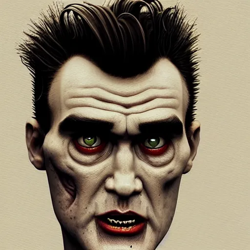 Image similar to portrait of a young and handsome zombie morrissey as a zombie with cuts and with a large quiff and thick eyebrows, 7 days to die zombie, realistic proportions, fine art, award winning, intricate, elegant, sharp focus, cinematic lighting, digital painting, 8 k concept art, art by z. w. gu, art by brom, art by michael hussar, 8 k