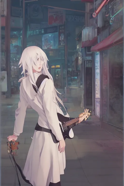 Image similar to a white haired girl with a guitar on her back shopping at a convenience store at night, grey and dark theme, s line, 4 5 angel by krenz cushart and mucha and makoto shinkai, 4 k resolution