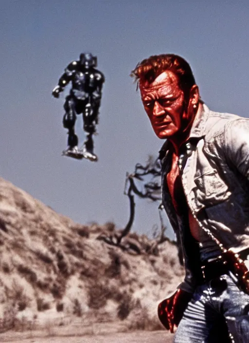 Image similar to film still of John Wayne as The Terminator in The Terminator, 4k