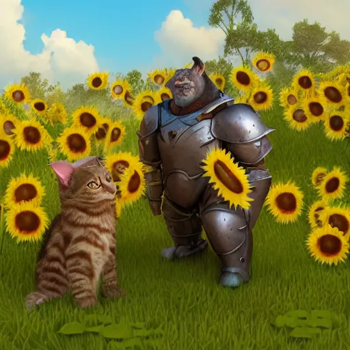 Image similar to ogre in lether armor petting a cat in sunflower fields, award winning, trending on artstation, unreal engine