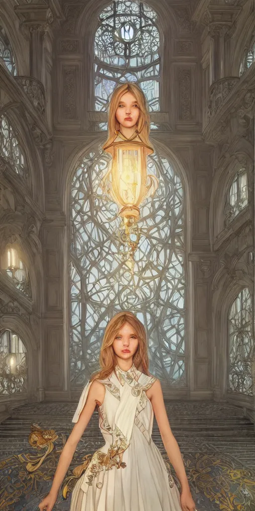 Prompt: sasha luss, mayors daughter, smart, clever, cheeky, elegant fantasy dress, town hall, intricate, highly detailed, digital painting, artstation, concept art, smooth, sharp focus, illustration, Unreal Engine 5, 8K, art by artgerm and greg rutkowski and alphonse mucha, by Jesper Ejsing