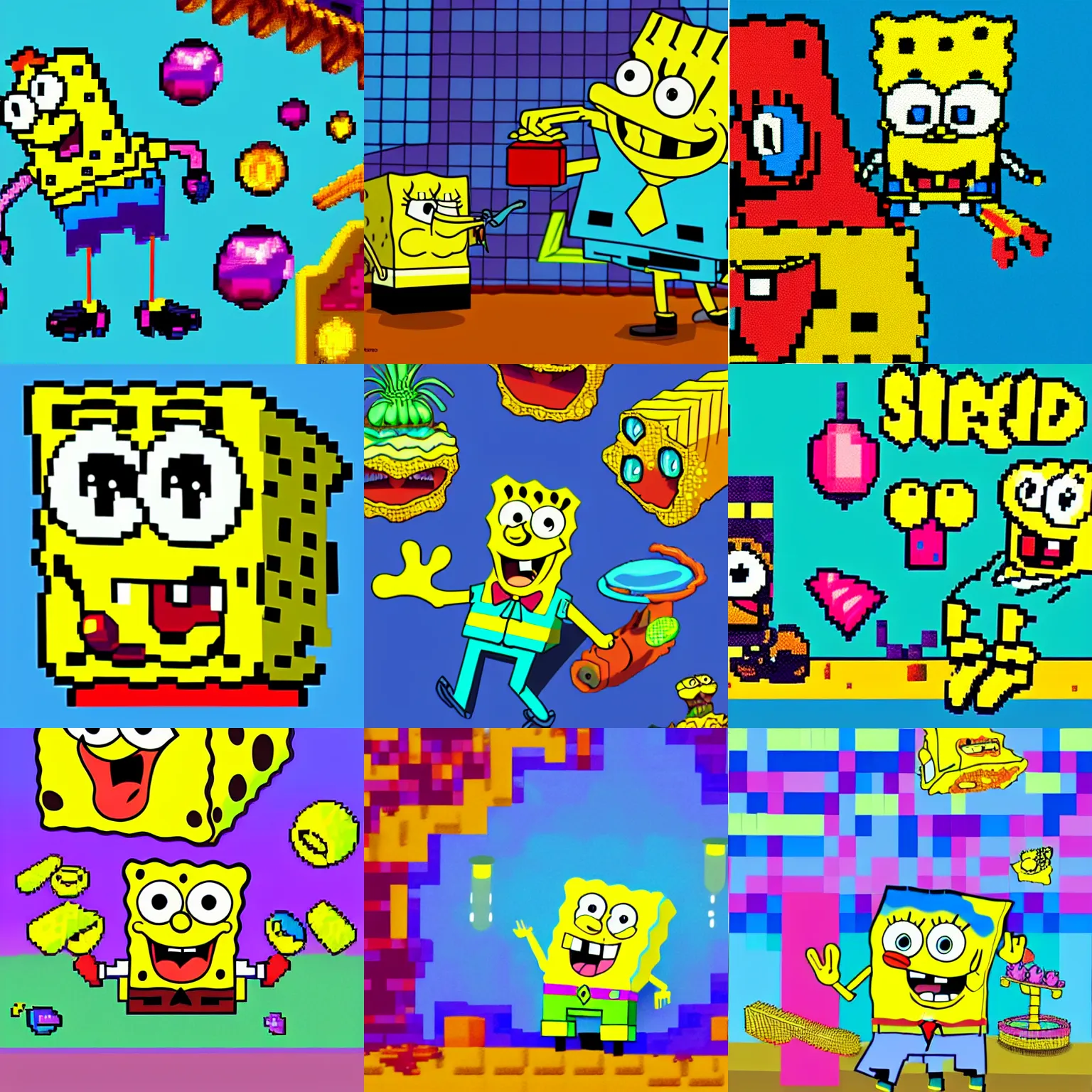 Prompt: spongebob, colorful, fantastic lighting, pixel art, 1 6 bits, 2 d