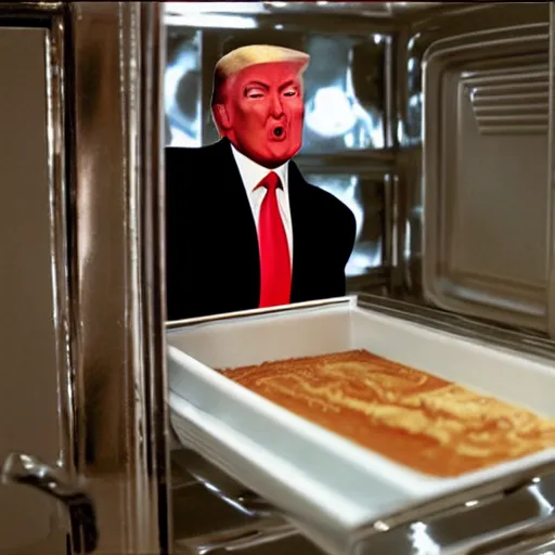 Prompt: donald trump on his knees with his head inside of an oven, still, 8k, ultra real, from the movie american psycho