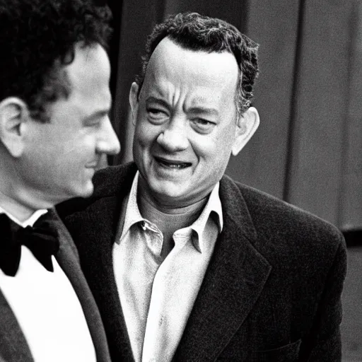 Image similar to tom hanks having a friendly conversation with tom hanks, candid photography