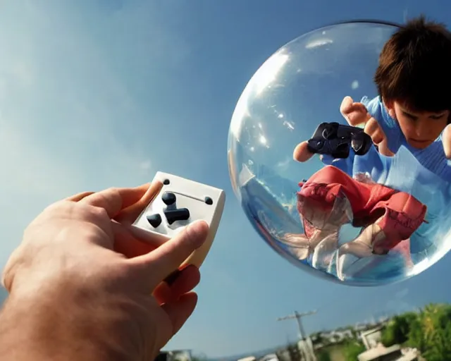 Image similar to filthy gamer floating gently down from the sky in a plastic wrapped bubble. aerial footage. he is wearing a gameboy on his hands.