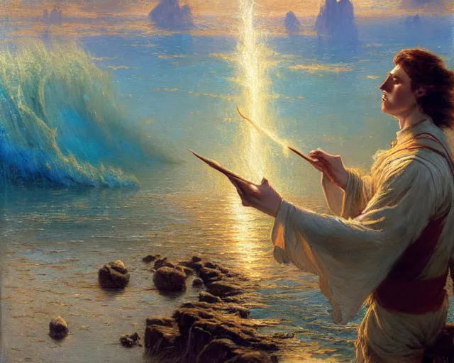 Image similar to attractive male wizard casting powerful wave water spell in a beautiful lake. highly detailed painting by gaston bussiere, craig mullins, j. c. leyendecker 8 k