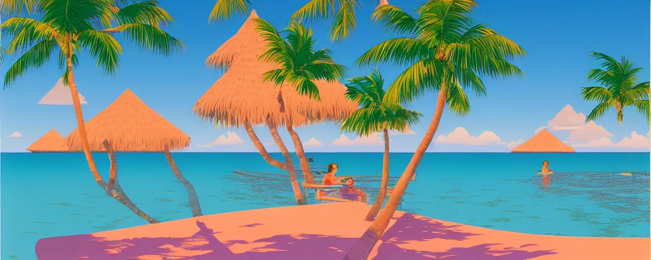 Image similar to serene bora bora landscape, disney, hiroshi nagai