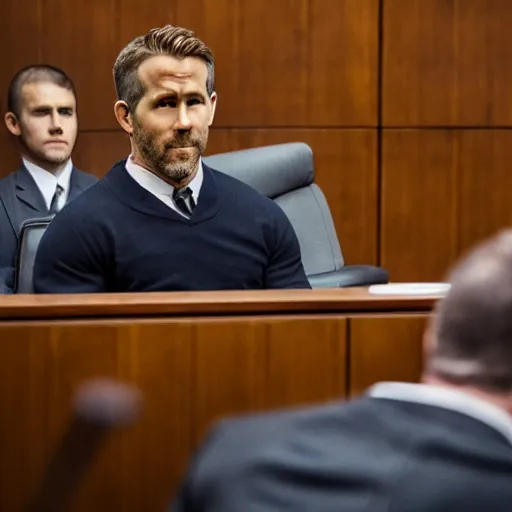 Image similar to ryan reynolds on trial sitting beside his lawyer in a courtroom, highly detailed, extremely high quality, hd, 4 k, 8 k, professional photographer, 4 0 mp, lifelike, top - rated, award winning, realistic, detailed lighting, detailed shadows, sharp, no blur, edited, corrected, trending