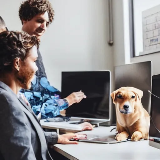 Prompt: a group of dogs are sitting in the office, tapping on the computer and working like people