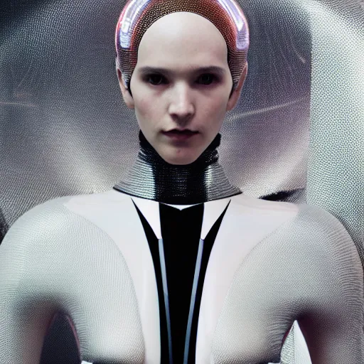 Image similar to Fashion photography of a woman wearing a futuristic outfit inspired by Ex Machina (2014), intricate, artistic photography, cinematic lighting, insanely detailed, cinestill 800t, Vogue magazine