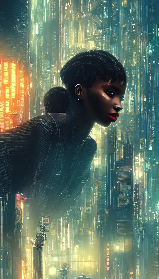 Image similar to a beautiful young Black woman, cyberpunk, Blade Runner city background, highly detailed, 8K, artstation, illustration, art by Gustav Klimt