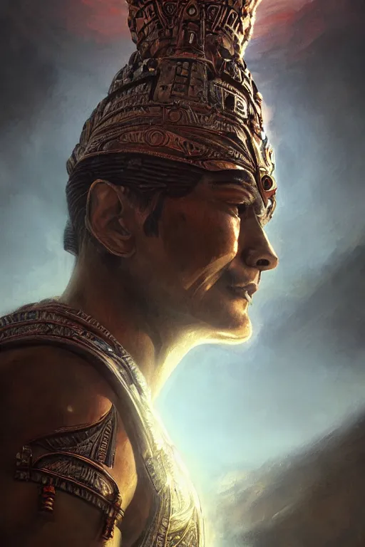 Image similar to aztec god, close - up portrait, powerfull, intricate, elegant, volumetric lighting, scenery, digital painting, highly detailed, artstation, sharp focus, illustration, concept art, ruan jia, steve mccurry