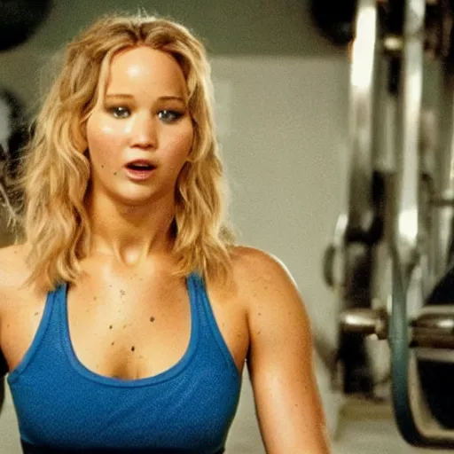 Image similar to still of jacked Jennifer Lawrence in a remake of Pumping Iron (2029)