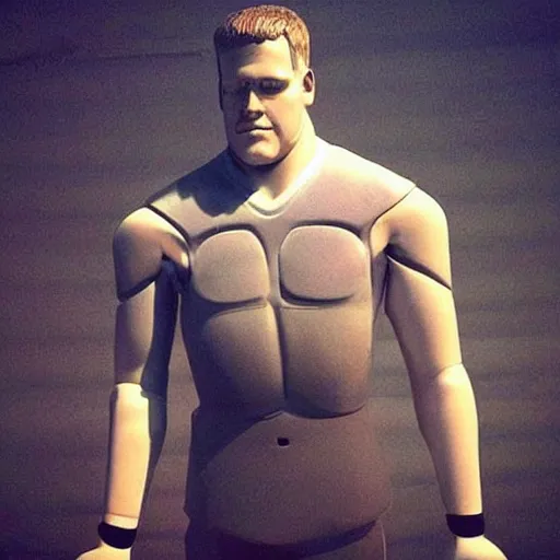 Image similar to “a realistic detailed photo of a guy who is an attractive humanoid who is half robot and half humanoid, who is a male android, football player JJ Watt, shiny skin, posing like a statue, blank stare”