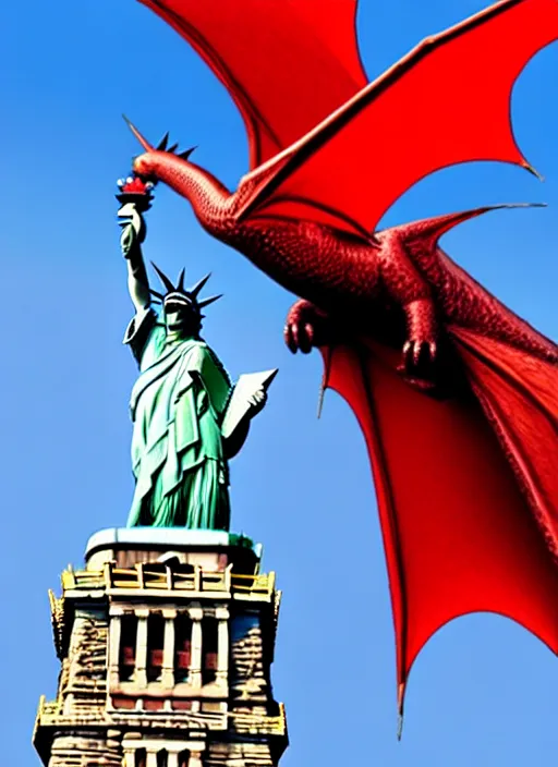 Image similar to red dragon and statue of liberty