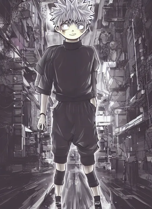 Image similar to Killua walking towards camera, epic, artstation, cyberpunk, intricate complexity, rule of thirds