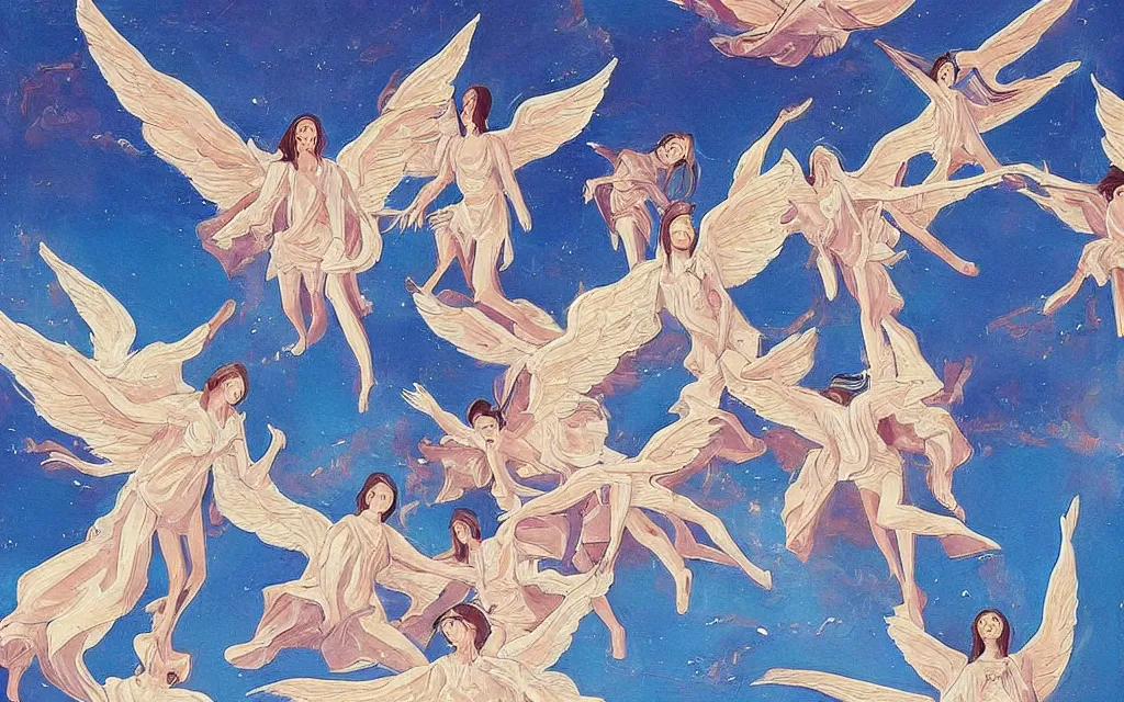 Prompt: vision of angels - a painting of a group of angels flying in formation, their wings creating a beautiful pattern in the sky by qian xuan and austin briggs, style of glossy reflections