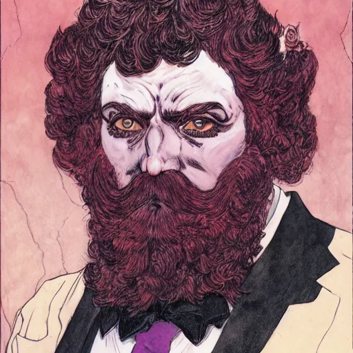 Image similar to a red bearded man wearing a purple luchadore mask and tuxedo, highly detailed, masterpiece, illustrated, art by rebecca guay