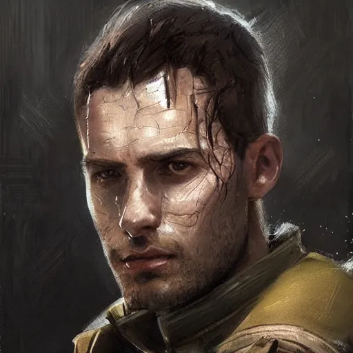 Image similar to portrait of a man by Greg Rutkowski, he is about 30 years old, he has short black hair in military-style, a straight jaw, he has a scar above one eyebrow, he wears Galactic Alliance military fatigues, Star Wars Expanded Universe, highly detailed portrait, digital painting, artstation, concept art, smooth, sharp foccus ilustration, Artstation HQ