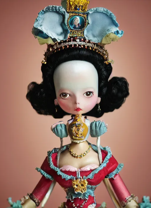 Image similar to closeup profile portrait of tin toy marie antoinette wearing a crown, bikini, depth of field, zeiss lens, detailed, symmetrical, centered, fashion photoshoot, by nicoletta ceccoli, mark ryden, lostfish, breathtaking, 8 k resolution, extremely detailed, beautiful, establishing shot, artistic, hyperrealistic, octane render