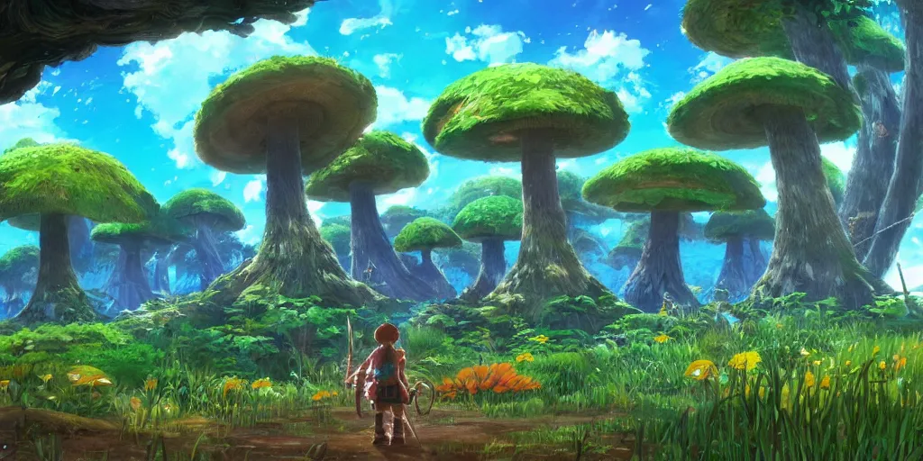 Image similar to epic mushroom trees, vivid tones, wide angle, by miyazaki, nausicaa, studio ghibli, tropical, breath of the wild