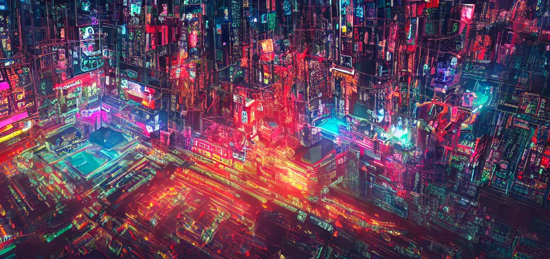 Image similar to chinese cyberpunk palace, cyberpunk, futuristic, ultra wide angle, photograph, sharp focus, intricate detail, drone shot, neon streetlights, holographic advertising board hanging everywhere, high resolution, 8 k