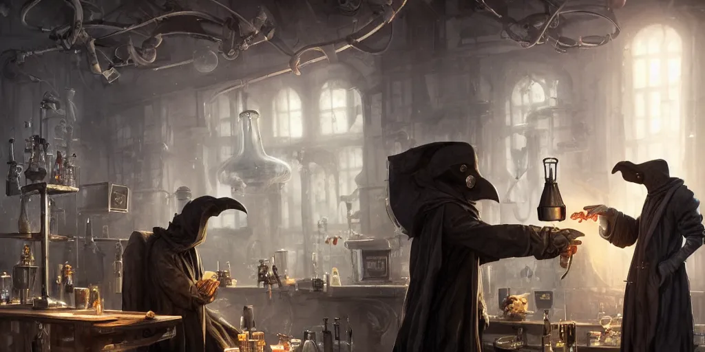 Image similar to a plague doctor and a humanoid rat in a laboratory with lots of flasks filled with magic liquids and poisonous fog, stephen bliss, unreal engine, fantasy art by greg rutkowski, loish, rhads, ferdinand knab, ilya kuvshinov, rossdraws, tom bagshaw, global illumination, radiant soft light, detailed and intricate environment