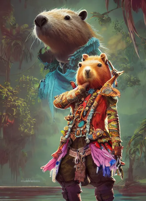 Image similar to detailed full body concept art illustration colorful pastel painting of an anthropomorphic capybara pirate in full intricate clothing, biomutant, ultra detailed, digital art, octane render, 4K