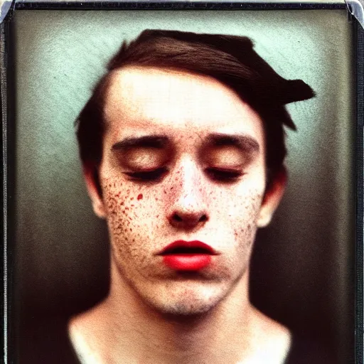 Prompt: a professional polaroid portrait fine art photo of a young adult man with an asymmetrical face with his eyes closed. the man has black hair, light freckled skin and a look of confusion on his face. extremely high fidelity. key light. in the style of gilbert & george.