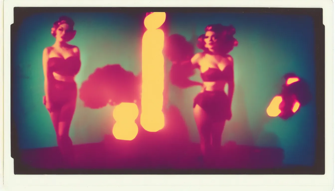 Image similar to colorful instant photograph of a pinup woman, polaroid, light leak, raw, nostalgic