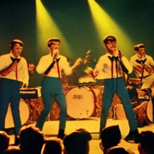 Image similar to still from a 1 9 6 0 s concert film, a group of 4 men dressed in peppermint themed sailor outfits play a rock concert, moody lighting, viewed from afar, cinematic shot