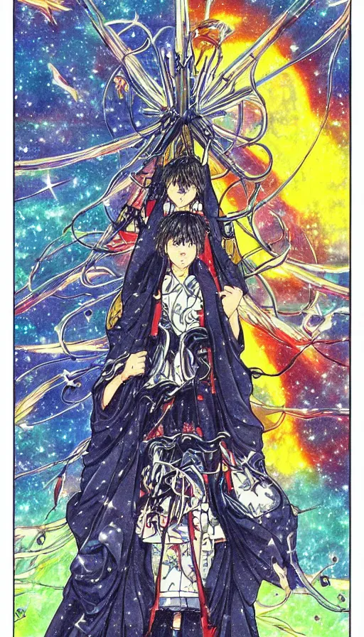 Image similar to anime tarot card based on the card Judgement, drawn by hideaki anno, beautiful lines, cosmic, psychedelic, detailed