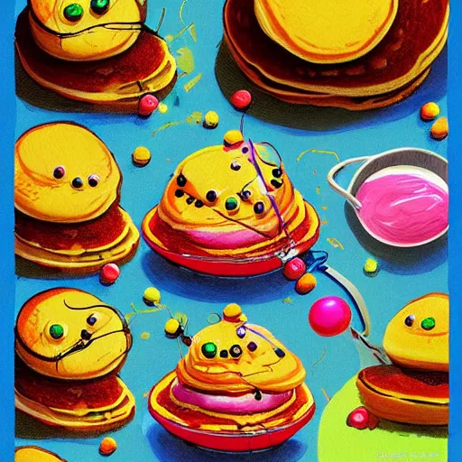 Prompt: a tennis ball monsters eating fluffy pancakes with syrup, colorful, digital art, fantasy, magic, chalk, trending on artstation, ultra detailed, professional illustration by basil gogos