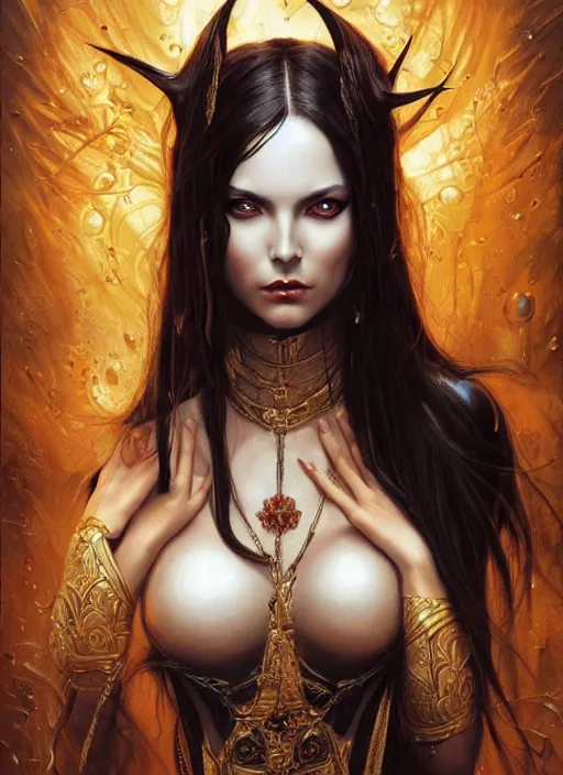 Image similar to a highly detailed symmetrical painting of a female fantasy seductive sensual dark mistress with piercing beautiful eyes, trending on artstation, deviantart, art by artgerm and karol bak and mark brooks