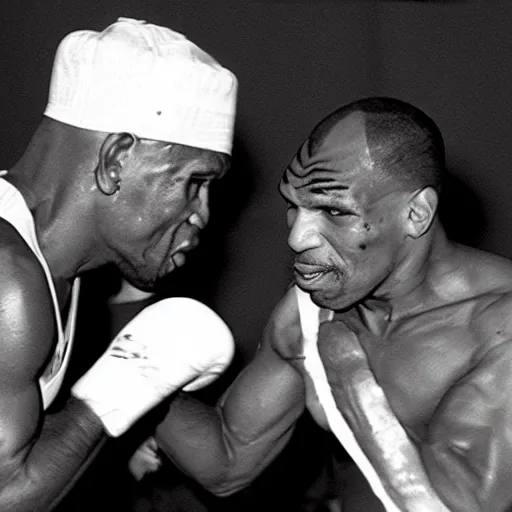 Prompt: photo of mother teresa boxing match with mike tyson